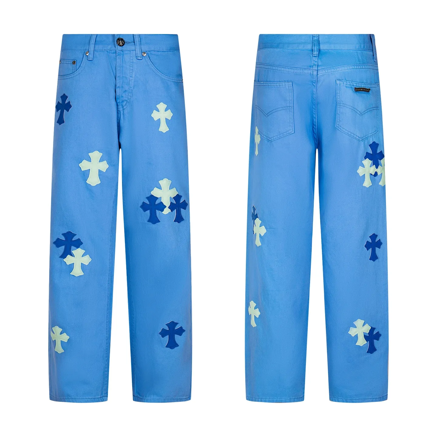 P270 CHROME HEARTS 25ss dopamine light blue cross patch leather washed jeans - Full of exploring the ultimate in fashion, Chrome Hearts' new Chrome Hearts pants not only present a unique style, the fresh ice blue color looks particularly youthful and energetic. The mid-high waist design is paired with a lazy and casual style, which not only shows long legs but also maintains a casual feel. It is a must-have fashion choice for trendy men and trendy women. Style number: 1752# Color: Dopamine light blue Size: 28 30 32 34
